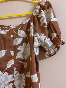 Brown And White Floral Print Tie Up Neck Dress