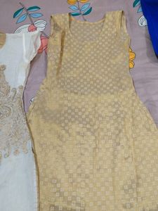 White Kurti With Golden Inner and Golden thread Work On It
