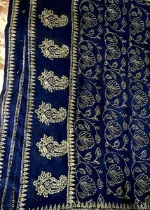 Elegant Navy &amp; Silver Embroidered Fabric New