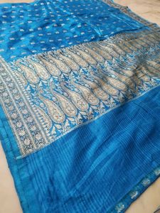 blue kataan saree with silver zari work