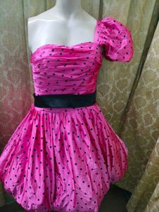 Pink Polka Dot One-Shoulder Dress