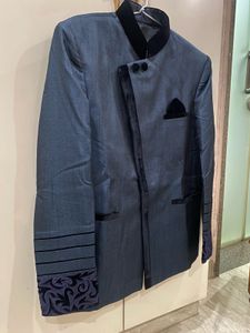 Stunning Electric Blue-Grey Indowestern Suit Set