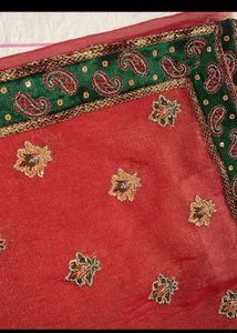 Rust &amp; Green Border Embroidered Saree