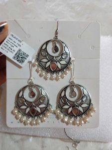 Voylla Silver-Toned Earrings &amp; Maang Tikka Set