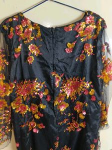 Black Neted Flower Sequins Kurta