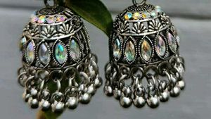 Silver Jhumka Earrings with Rhinestones