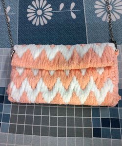 Hand-Knitted Crochet / Yarn Bag - Peach &amp; White