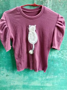 Cute Cat Applique Puff Sleeve Top