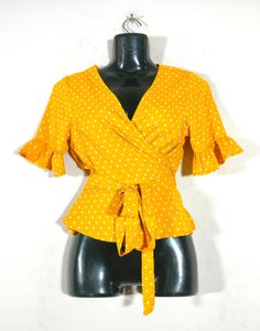 Gold Yellow With Dot Print Wrap Tops (Women's)