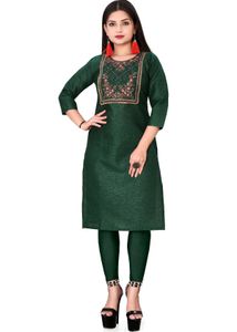 Elegant Green Cotton Kurti Set with Embroidery | S