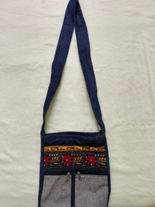 Unisex Denim Crossbody Bag with Embroidery Work