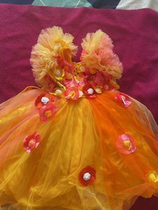 Net Embellished Fluffy Yellow Orange Dress