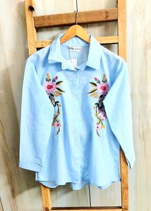 Floral Embroidered Light Blue Shirt size-36