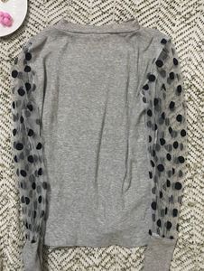 High Neck Grey Top with Polka Dot Sleeves