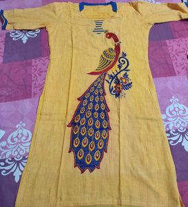 Mango Yellow N Blue Kurta Set Peacock Embroidery