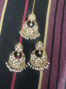 Kundan Earrings &amp; MaangTikka Set With One FreeGift