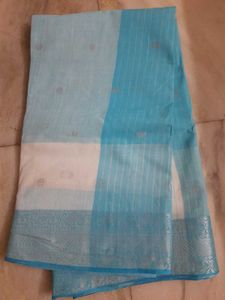 Blue-white Tant Pure Cotton Saree