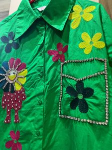 Quirky Embellished Green Patchwork Shirt