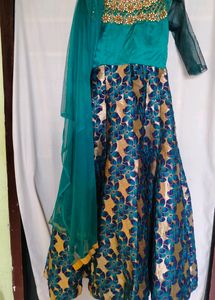 Elegant Teal &amp; Gold Anarkali Dress