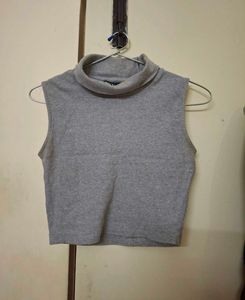 Grey Sleeveless Turtleneck Top