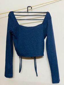 Navy Blue Ruched ribbed  Drawstring Top