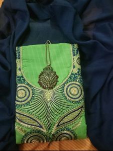 Green and Blue Embroidered Dress Material