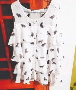 Cute Cat Print Ruffle Top