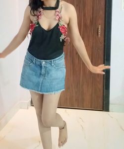 Floral Embroidered Top & Denim Skirt Set