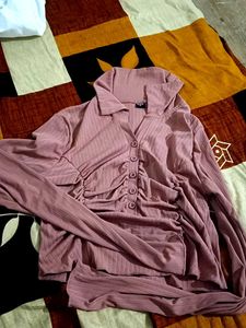 Mauve Ribbed Ruched Long Sleeve Top