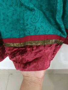 Collar neck Turquoise Kurta With Red Velvet Border