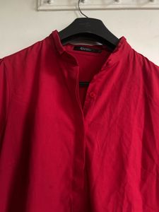 Red Blouse with Mandarin Collar