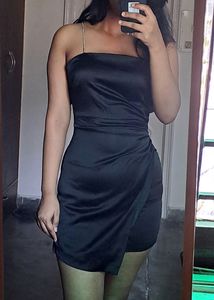 Zara Satin Black Dress With Rhinestone Sleeves
