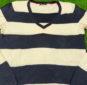 Imported Striped V-Neck Knit Sweater