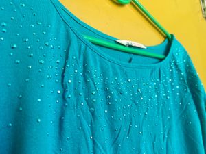 Teal Blue 3/4 Sleeve Embellished Casual Top
