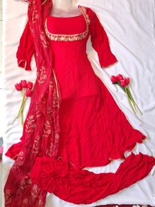 Pretty Red Anarkali Suit Set