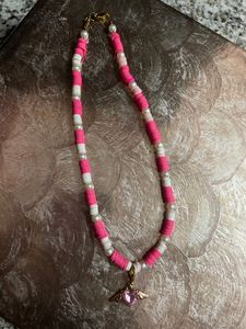 Pink Fimo Beads With Angel Heart Wing Necklace