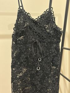 beautiful black lace dress noodle strip front slit