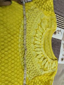 Yellow Colour Lace Dress With Pompom