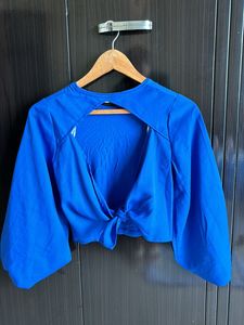 Blue Backless Balloon Sleeve Top