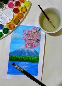 Mount Fuji And Cherry Blossoms Watercolor Painting * 100 RsFor A5 Size *