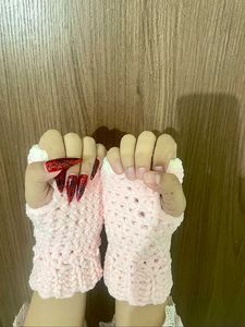 Heart Detail Crochet Pink Gloves
