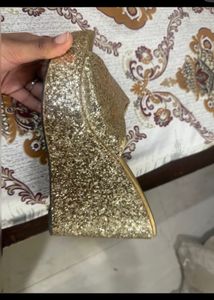 Beautiful Golden Glitter Party Wear Wedges
