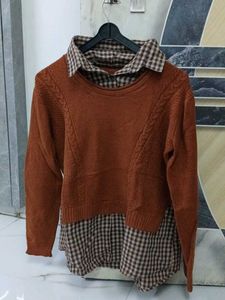 Brown Knit Sweater with Plaid