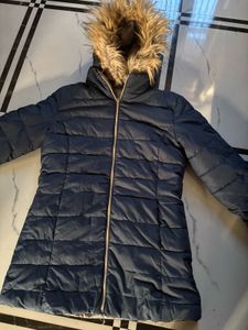 New Navy Puffer Coat with Fur Hood