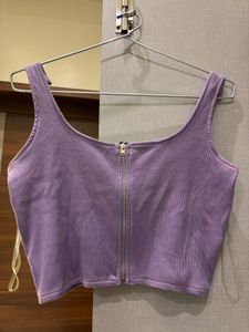 Purple Ribbed Zip-Up Crop Top
