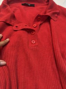 Red Ribbed Knit Polo Top