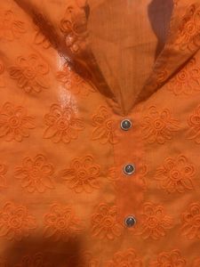 Orange Embroidered chicken work Kurta