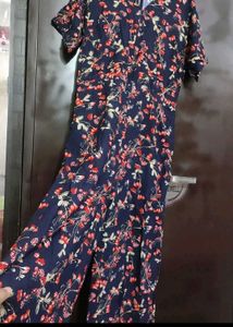 Navy Blue Jumpsuit Red Floral Print For 38 Bust