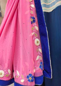 Pink Net Saree with Floral Embroidery