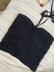 halter neck padded black crop top